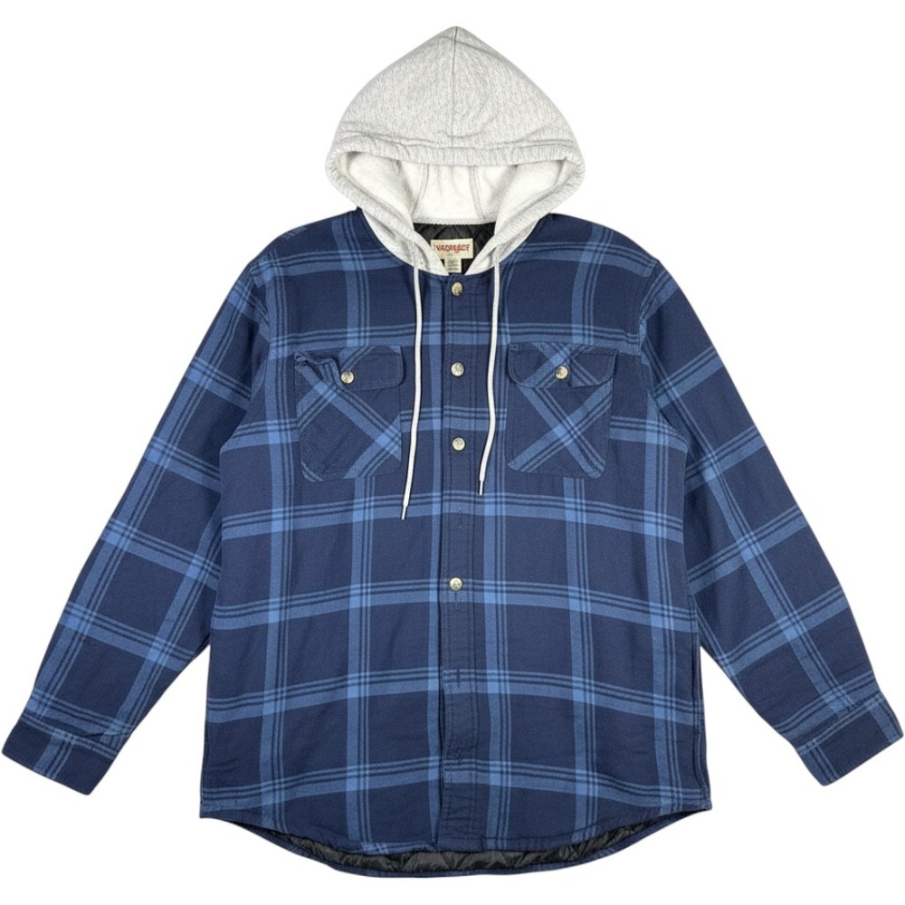 Wrangler Authentics Flannel Jacket Mens Large Hooded Quilted Thermal Plaid Blue
